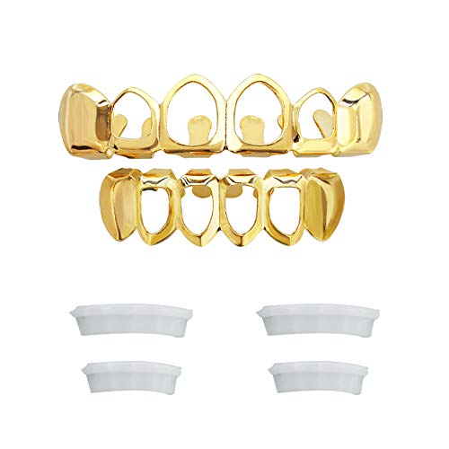 TSANLY Open Face Grillz Teeth 24k Gold Grillz Plated Caps New Custom Fit Top & Bottom Grill Set for Kids + Extra Molding Bars + Microfiber Cloth