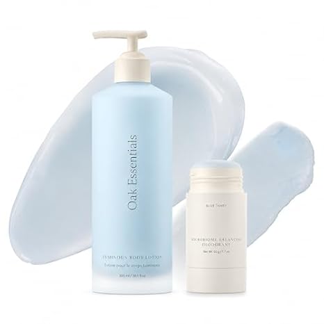 Oak Essentials Daily Body Duo, Luminous Hydrating Body Lotion + Microbiome Balancing Aluminum-Free Baking Soda-Free Deodorant for Women, Gentle for Sensitive Skin with Blue Tansy