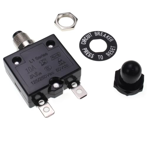 10A Manual Reset Thermal Circuit Breaker, 125-250V AC 50V DC, L1 Series, Push-Button, Black Cap, 10Amp, Widely Used in Household Appliances and Power Supplies