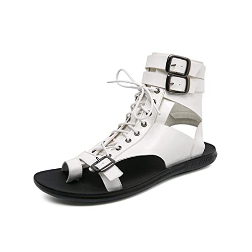 Mens Gladiator Sandals Summer Outdoor Non-Slip Beach Sandals Shoes High Top Lace-Up Buckle Sandals Leather Roman Sandals Clip Toe Flip-Flops Flats Summer Zipper Shoes for Walking Hiking White