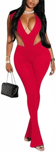 Kafiloe Women Sexy 2 Piece Outfits Clubwear V Neck Sleeveless Bodysuit Top Flare Pants Set Birthday Club Outfits