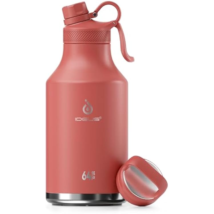 IDEUS Insulated Stainless Steel Water Bottle with 2 Leak-Proof Lids, Thermal Water Flask for Hiking Biking, 64oz, Red