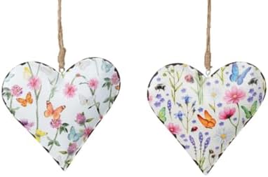 Set of 2 Colourful Heart Flower Meadow Decorative Hanging Decoration Hanging Metal Heart Hearts 15 and 20 cm Formano (15 cm)