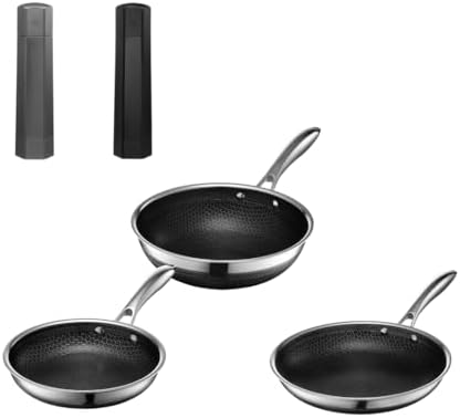 HexClad Hybrid Nonstick 5-Piece Cookware Set, 8" Pan, 10" Pan, 10" Wok, and Salt and Pepper Grinder Set