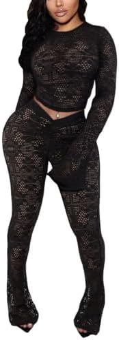 Kafiloe Women Sexy 2 Piece Outfits Clubwear Mesh Hollow Out Long Sleeve Crop Top Flare Pants Set Birthday Outfits