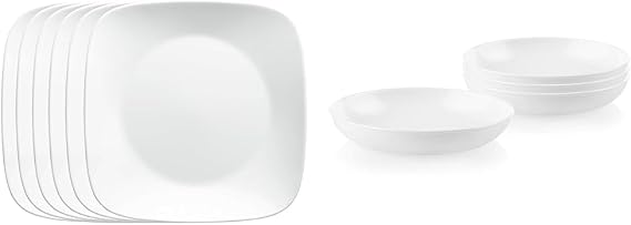 Corelle Vitrelle Salad Plates Set, Triple Layer Glass and Chip Resistant, Lightweight Square 9-Inch Plates, White & 4-Pc Versa Bowls for Pasta, Salad and More, Service for 4, Durable