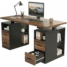 HUANUO 55" Standing Desk with Drawers, Executive Electric Height Adjustable Stand Up Desk with Storage, Computer Workstation for Home Office, Black Walnut