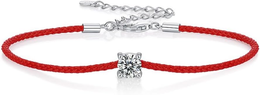 S925 Sterling Silver Solitaire Diamond Link Bracelets with 0.5 Carat VVS1 Diamond, Red Rope Lucky Bracelet, Chic and Sophisticated Gift for Couples