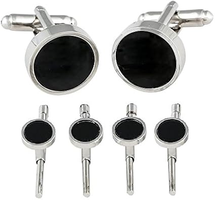 Mens Black Onyx Spring-Back Tuxedo Cufflinks Studs Formal Set with Presentation Gift Box