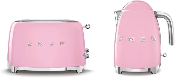 Smeg 50’s Style Retro Range Breakfast Set, 0.8L 1400W Mini Kettle and Multi-Functional Control 2-Slice 950W Toaster, Pink, EEJB114