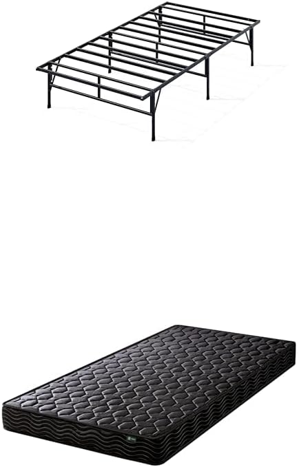 Zinus Metal Bed Frame, Easy to Assemble SmartBase, Black, 6.9 inches 15 cm, Basic Pocket Coil Mattress, Black, Single, Soundproofing, Pipe, Storage Space, Tools Included, Easy Assembly