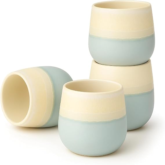 Goodwei Japanese Tea Cups - Ceramic Mugs Without Handle, Rounded Shape and Minimalist Design - Perfect for Tea, Matcha, Coffee or Espresso - Set of 4, 200ml (Fuji Blue)