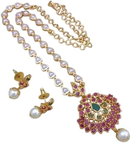 South Indian Golden Long Necklace Pendant Temple Jewellery Ethnic Antique Traditional Pearl Multi Kundan Necklace Earring Set