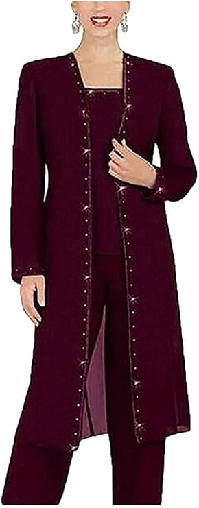 Mother of The Bride Pants Suits 3 PC Chiffon Beaded Women Outfits with Long Jacket Wedding Party Prom Dress