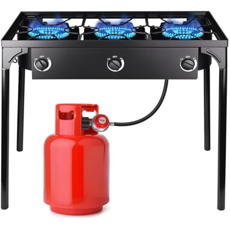 3 Burner Propane Gas Stove, 200,000 BTU Outdoor Camping Cooker with Removable Legs, 0-20 PSI Regulator & Hose, Heavy-Duty Cast Iron Stand for Backyard Cooking, BBQ, Frying & Boiling