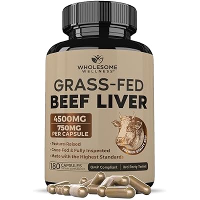 Wholesome Wellness Grass Fed Desiccated Beef Liver Capsules 180 Pills, 750mg Each - Natural Iron, Vitamin A, B12 for Energy - Raised Undefatted in New Zealand Without Hormones or Chemicals