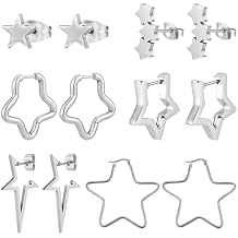 NEWITIN 6 Pairs Star Earrings for Women Hypoallergenic Studs Silver Gold Star Earring 18K Gold Plated Cartilage Stud Earrings Stars Hoop Earring for Women