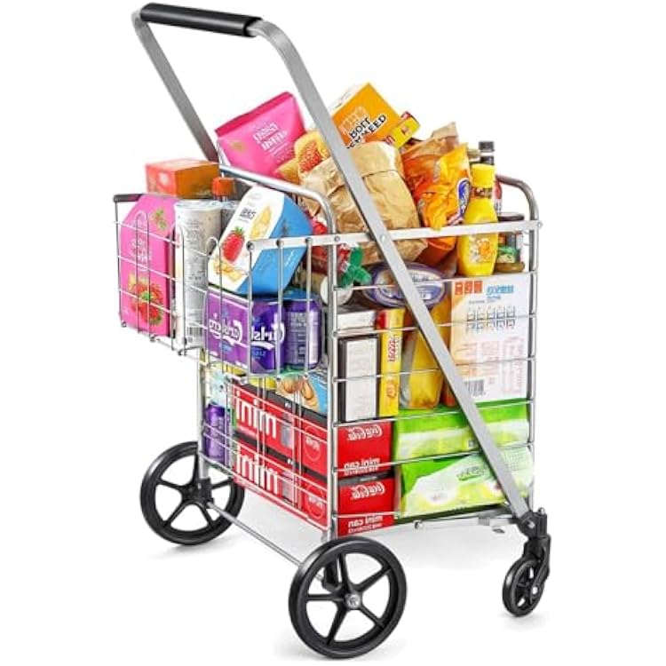Jumbo Shopping Cart with Double Basket Grocery Folding Cart 360 Rolling Swivel Bearing Wheels for Laundry, Grocery, Luggage
