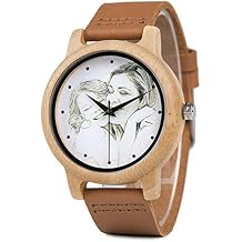 Customized Wooden Watches for Men Photo Engraved on Watch Face Handmade Natural Bamboo Wood Leather Strap Wrist Watches with Wooden Present Box for Christmas, Birthday or Anniversary