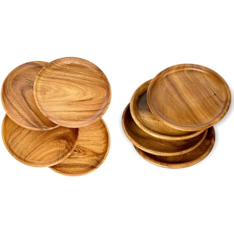 Acacia Wooden Plate Bundle Set of 4 10 Round Dinner Plates  Set of 4 8 Round Salad Plates, Handcrafted One-Piece Rustic Dinnerware, Holiday Host & Gift Ready