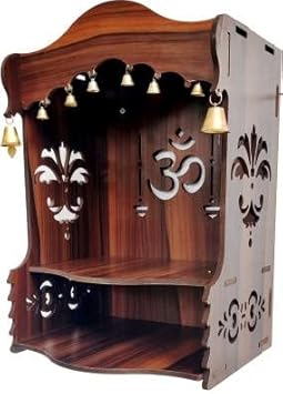 Wooden Pooja Temple/OM  with Bells Puja Home Temple with Double Shelf for Storage and God Idols DecorationHome Mandir for Pooja for Home/Wall Hanging Hole for Temple (Brown)(37cm)(15iches)