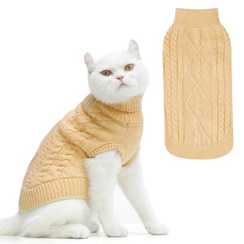 PUPTECK Winter Cat Sweater Coat - Soft Warm Cold Weather Clothes Knitwear for Kittens & Small Dogs Indoor Outdoor Wearing, Knitted Classic for Doggies Kitties Girls Boys, Beige, L