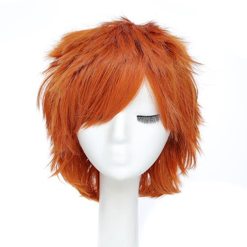 Rose bud Anime Halloween Dark Orange Wig for Cosplay Party, Synthetic Layered Short Hair Wigs with Bangs, Pastel Wigs for Women Men Kids
