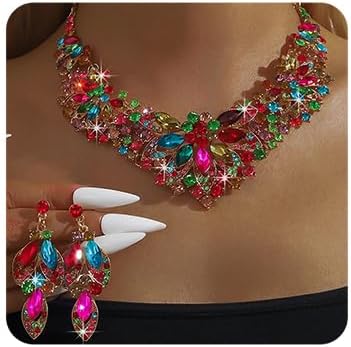 Chargances Fashion Crystal Chunky Statement Necklace Earring Sets Sparkly Rhinestone Beaded Choker Leaf Dangle Earrings Wedding Jewelry for Women Bridal