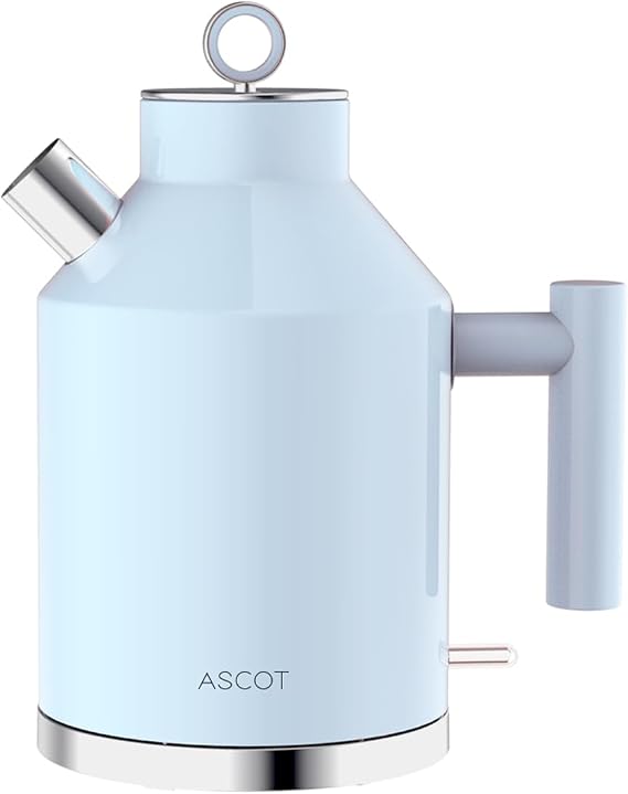 ASCOT Electric Kettle, 1.5L Stainless Steel Interior, Plastic-Free, 2200W Fast Boil, Retro Design, Auto Shut-Off & Boil-Dry Protection - Light Blue