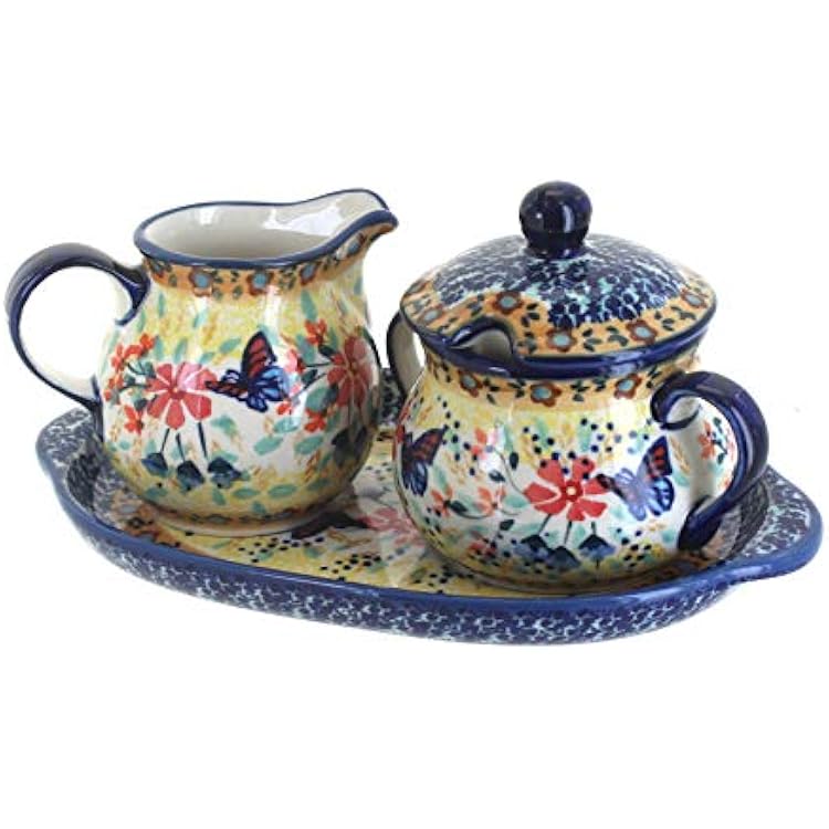 Blue Rose Polish Pottery - Yellow Blue Butterfly Sugar & Creamer Set - 6 oz Creamer - Hand-Painted Polish Pottery Ceramic Creamer & Sugar Bowl with Lid