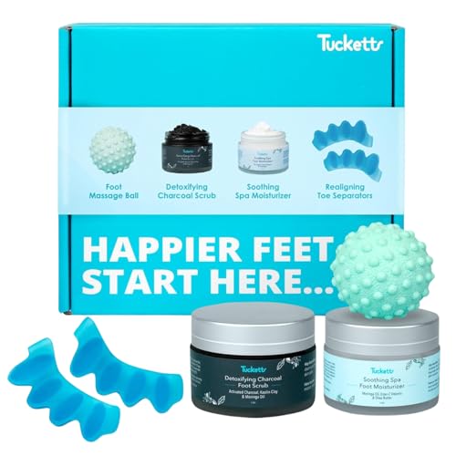 Tucketts Foot Care Spa Gift Kit - Foot Massage Ball, Feet Moisturizer, Charcoal Scrub & Toe Separators - Bunion Toe Spacers for Women & Men, Heel Cream for Dry Cracked Heels, Plantar Fasciitis Relief