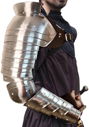 AnNafi Medieval Single Pauldron Spartacus Cosplay Metal Roman Knight Sleeve Shoulder Arm Armor Gladiator LARP Silver |Full Hand & Arm Sleeve Armour Single Arm Costume for Adult Men Halloween Outfit