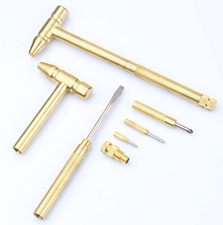 6-in-1 Mini Brass Hammer Dual Head Small Hammer Multifunction Copper Hammer with Detachable Screwdriver Tool for Jewelry Watch Repairing