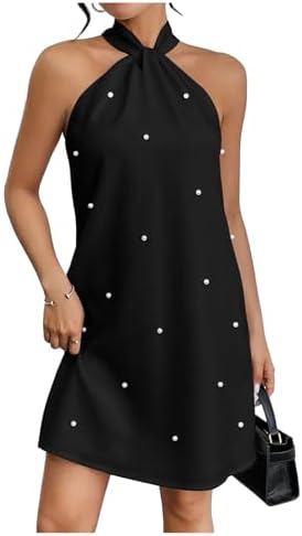 Floerns Womens Pearl Beaded Halter Twist Sleeveless Tie Back Dress A Line Dress