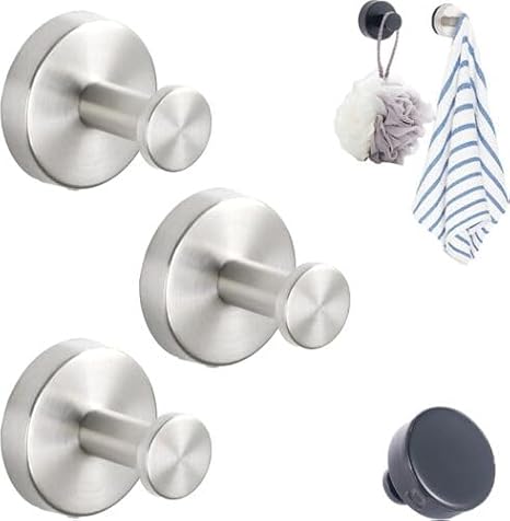 Luxury Strong Self-Adhesive Suction Cup No-Drill Hooks,Removable Reusable Window Glass Door Suction Holder Hooks Heavy Duty, Bathrooms Waterproof Stainless Shower Hooks (Silver*3pcs)