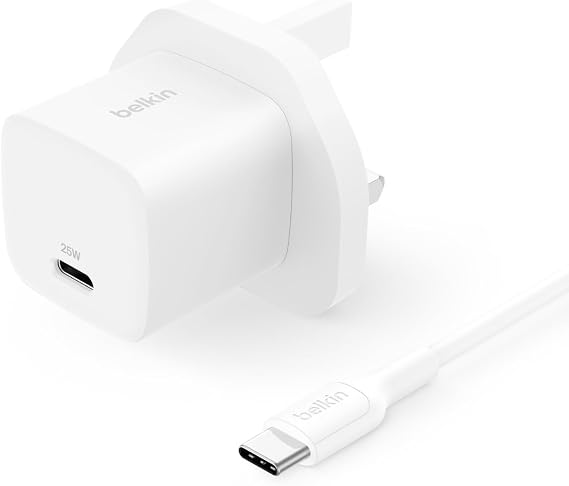 Belkin USB-C Plug 25W with 60W USB-C Cable (3.3ft, 1M) - Phone Charger PD 3.0 Fast Charging with PPS for Apple iPhone 17, Air, 16, Samsung Galaxy S25, Pixel 10, Nintendo Switch, More - White