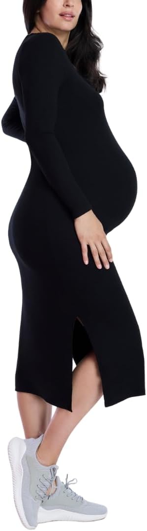 Motherhood Maternity Women's Long Sleeve Rib Knit Column Midi Pregnancy Bodycon Dress