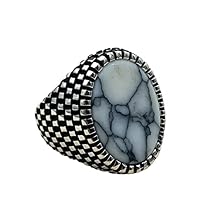 Handmade White Howlite Silver Ring, 925 Sterling Silver Jewelry, Turkish Signet Style, Vintage Gemstone Ring For Men