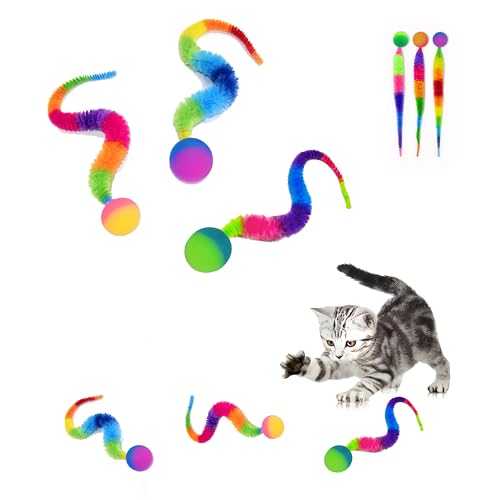 Bouncy Ball with Tail for Cats 3 Pack,Cat Fuzzy Worm Toys,Magic Worm Bouncy Ball Toy for Indoor Cat 3pcs