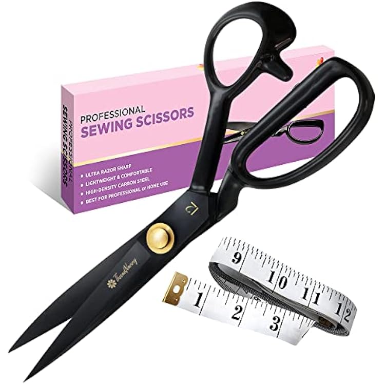 Fabric Scissors Professional 12-inch, Premium Shears for Fabric Cutting with Bonus Measuring Tape - Made of High Density Carbon Steel Shears, Sewing Scissors for Leather, Thin Metal, Etc.