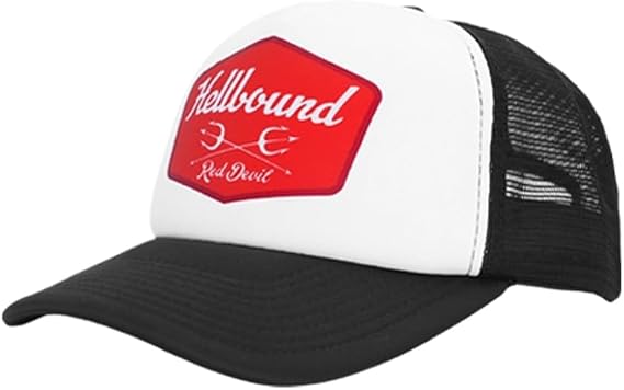 Hellbound Badge Trucker Cap for Men Flat Bill Mesh Snapback Hat 5-Panel Cap