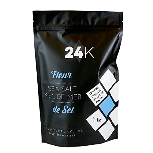 24K Fleur de Sel Guerande - 1kg 2.2lb | 100% Natural Sea Salt, Hand Harvested from Guerande France, Finishing Salt, Flower of Salt, Fine Flake