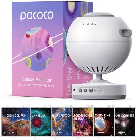 POCOCO Galaxy Star Projector + Fixed Star and Nebula Series Discs | 8 Discs Total, Rechargeable, 1W Soft Light, 2 Megapixel Lens, 5K Discs, Realistic Galaxy
