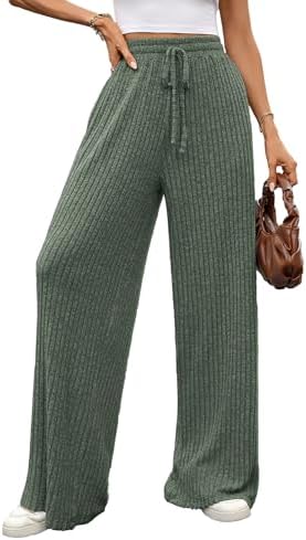 TBA Womens Casual Ribbed Knit Pants Wide Leg Lounge Pajama Pants Soft Loose Fall Drawstring Streetwear Trousers with Pockets