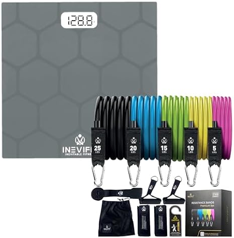 INEVIFIT Strength & Wellness Bundle, Digital Bathroom Scale & 150 LBS Resistance Band Set for Home Workouts