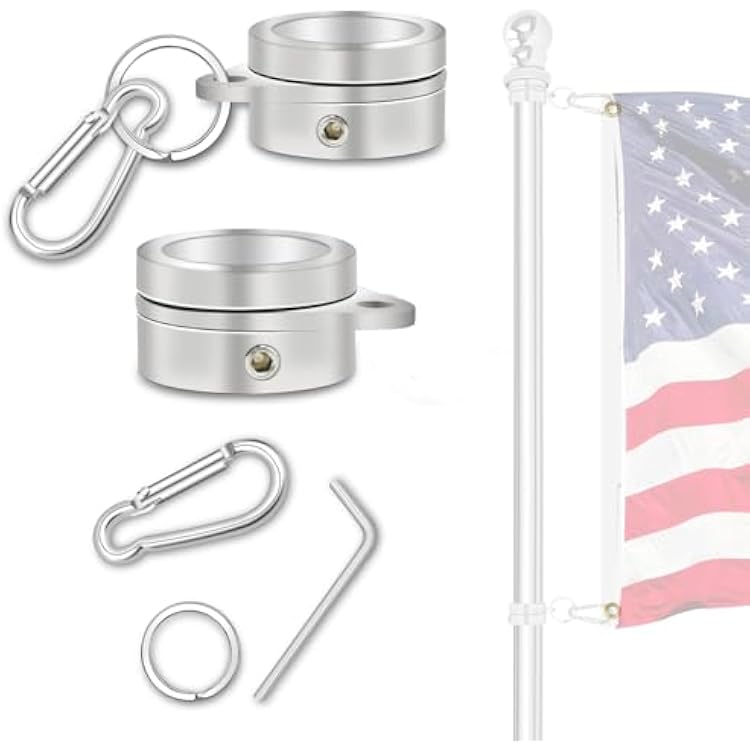NQ Flag Pole Rotating Rings for 34~1 Inch Diameter Flag Pole, Aluminum Alloy Flag Pole Rings, Tangle Free Flag Pole Clips, Flagpole Mounting Rings with Carabiner Silver