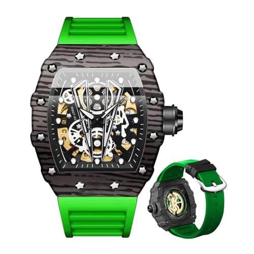 BINBOND Mens Automatic Watches Square Skeleton Mechanical Self Winding Fashion Dress Silicone Band Male Wrist Watch Waterproof Luminous