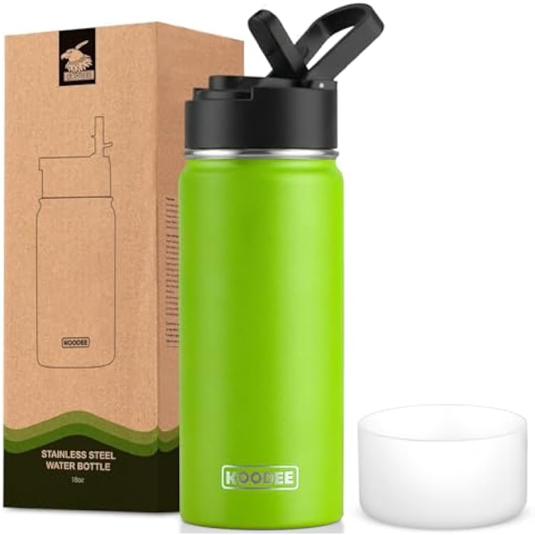 koodee Insulated Water Bottle, 18 oz Stainless Steel Vacuum Wide Mouth Sports Water Bottle with Leak Proof Straw Lid Apple Green