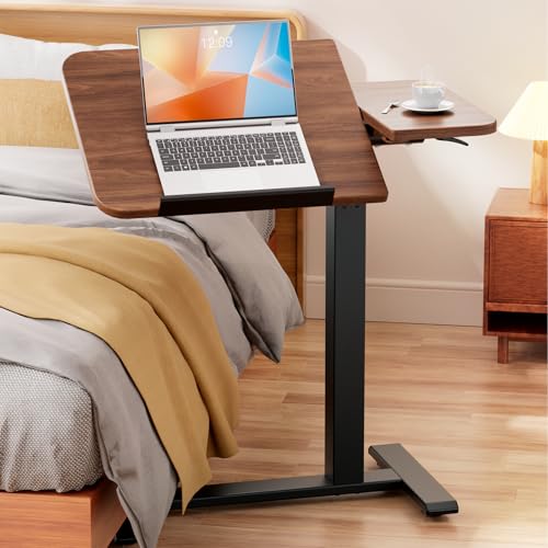 GTPLAYER Overbed Bedside Table with Wheels,Tiltable Hospital Bed Table Over The Bed, Pneumatic Adjustable Rolling Laptop Desk, Mobile Standing Desk for Hospital and Home Use Walnut