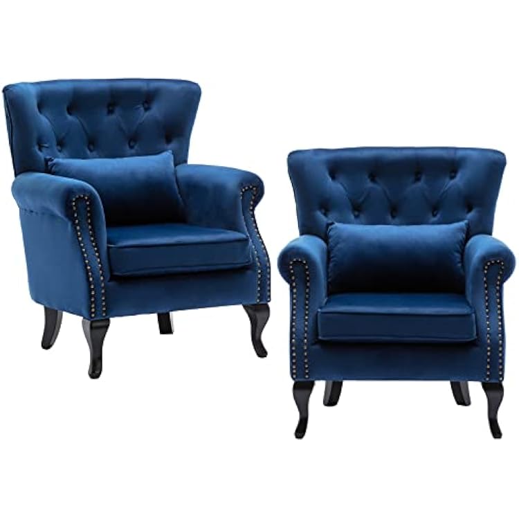 chairus Mid-Century Modern Accent Chairs Set of 2 Comfy Tufted Single Sofa Chair Wingback Armchair with Pillow for Club, Living Room, Bedroom - Velvet, Blue